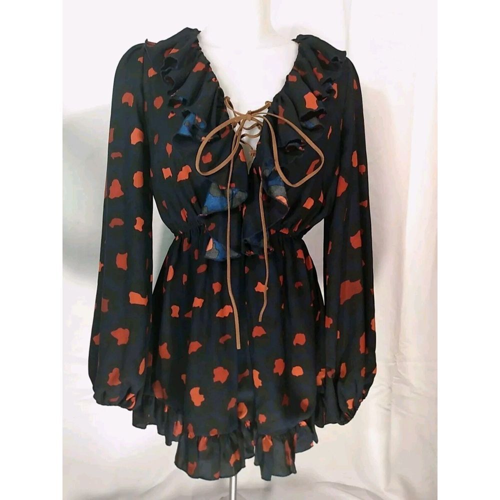 Judith March Women Blue Black Red Ruffled Suede Tie Long sleeve Romper‎ Size S